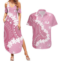 Bula Fiji Women's Day Couples Matching Summer Maxi Dress and Hawaiian Shirt Pink Masi Tapa
