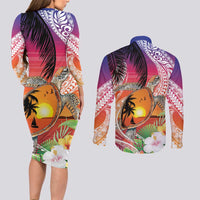 Polynesian Dreamy Turtle Couples Matching Long Sleeve Bodycon Dress and Long Sleeve Button Shirt Sunset Scenery