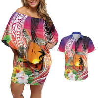 Polynesian Dreamy Turtle Couples Matching Off Shoulder Short Dress and Hawaiian Shirt Sunset Scenery