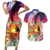 Polynesian Dreamy Turtle Couples Matching Short Sleeve Bodycon Dress and Hawaiian Shirt Sunset Scenery