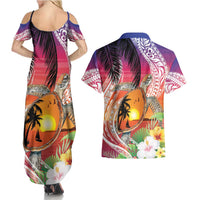 Polynesian Dreamy Turtle Couples Matching Summer Maxi Dress and Hawaiian Shirt Sunset Scenery