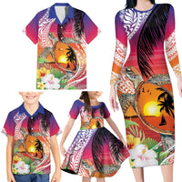 Polynesian Dreamy Turtle Family Matching Long Sleeve Bodycon Dress and Hawaiian Shirt Sunset Scenery