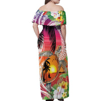 Polynesian Dreamy Turtle Family Matching Off Shoulder Maxi Dress and Hawaiian Shirt Sunset Scenery