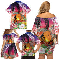 Polynesian Dreamy Turtle Family Matching Off Shoulder Short Dress and Hawaiian Shirt Sunset Scenery