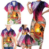 Polynesian Dreamy Turtle Family Matching Short Sleeve Bodycon Dress and Hawaiian Shirt Sunset Scenery
