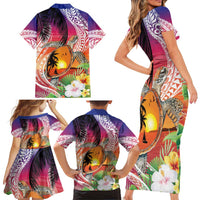 Polynesian Dreamy Turtle Family Matching Short Sleeve Bodycon Dress and Hawaiian Shirt Sunset Scenery