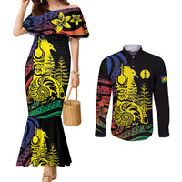 New Caledonia Kanaky Couples Matching Mermaid Dress and Long Sleeve Button Shirt Stylized Fleche Faitiere With Kagu Bird
