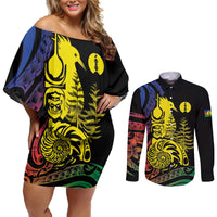 New Caledonia Kanaky Couples Matching Off Shoulder Short Dress and Long Sleeve Button Shirt Stylized Fleche Faitiere With Kagu Bird