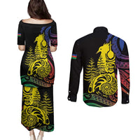 New Caledonia Kanaky Couples Matching Puletasi and Long Sleeve Button Shirt Stylized Fleche Faitiere With Kagu Bird