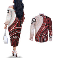 Bula Fiji Vintage Tapa Couples Matching Off The Shoulder Long Sleeve Dress and Long Sleeve Button Shirt Kaivity Masi Wave Motifs - Red