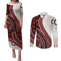 Bula Fiji Vintage Tapa Couples Matching Puletasi and Long Sleeve Button Shirt Kaivity Masi Wave Motifs - Red LT7 Red - Polynesian Pride