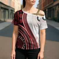 Bula Fiji Vintage Tapa Cross Shoulder Shirt Kaivity Masi Wave Motifs - Red LT7 - Polynesian Pride