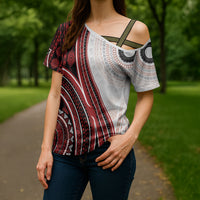 Bula Fiji Vintage Tapa Cross Shoulder Shirt Kaivity Masi Wave Motifs - Red LT7 - Polynesian Pride