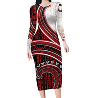 Bula Fiji Vintage Tapa Family Matching Long Sleeve Bodycon Dress and Hawaiian Shirt Kaivity Masi Wave Motifs - Red