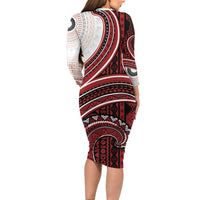 Bula Fiji Vintage Tapa Family Matching Long Sleeve Bodycon Dress and Hawaiian Shirt Kaivity Masi Wave Motifs - Red