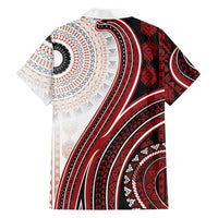 Bula Fiji Vintage Tapa Family Matching Off The Shoulder Long Sleeve Dress and Hawaiian Shirt Kaivity Masi Wave Motifs - Red