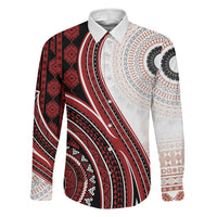 Bula Fiji Vintage Tapa Family Matching Off Shoulder Short Dress and Hawaiian Shirt Kaivity Masi Wave Motifs - Red
