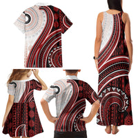 Bula Fiji Vintage Tapa Family Matching Tank Maxi Dress and Hawaiian Shirt Kaivity Masi Wave Motifs - Red