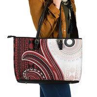 Bula Fiji Vintage Tapa Leather Tote Bag Kaivity Masi Wave Motifs - Red