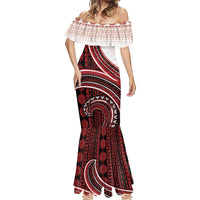 Bula Fiji Vintage Tapa Mermaid Dress Kaivity Masi Wave Motifs - Red