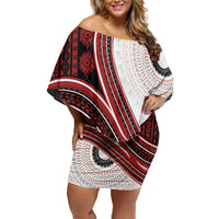 Bula Fiji Vintage Tapa Off Shoulder Short Dress Kaivity Masi Wave Motifs - Red LT7 Women Red - Polynesian Pride