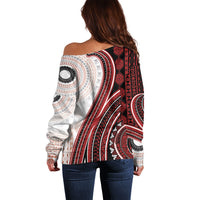 Bula Fiji Vintage Tapa Off Shoulder Sweater Kaivity Masi Wave Motifs - Red