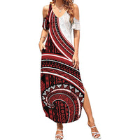 Bula Fiji Vintage Tapa Summer Maxi Dress Kaivity Masi Wave Motifs - Red LT7 Women Red - Polynesian Pride
