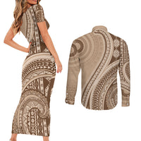 Bula Fiji Vintage Tapa Couples Matching Short Sleeve Bodycon Dress and Long Sleeve Button Shirt Kaivity Masi Wave Motifs - Mocha