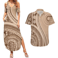 Bula Fiji Vintage Tapa Couples Matching Summer Maxi Dress and Hawaiian Shirt Kaivity Masi Wave Motifs - Mocha