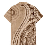 Bula Fiji Vintage Tapa Family Matching Off The Shoulder Long Sleeve Dress and Hawaiian Shirt Kaivity Masi Wave Motifs - Mocha
