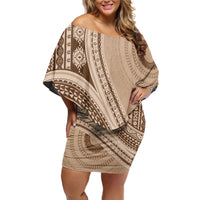 Bula Fiji Vintage Tapa Family Matching Off Shoulder Short Dress and Hawaiian Shirt Kaivity Masi Wave Motifs - Mocha