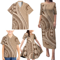 Bula Fiji Vintage Tapa Family Matching Puletasi and Hawaiian Shirt Kaivity Masi Wave Motifs - Mocha