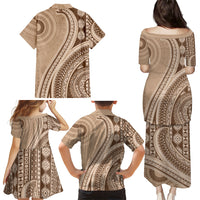 Bula Fiji Vintage Tapa Family Matching Puletasi and Hawaiian Shirt Kaivity Masi Wave Motifs - Mocha
