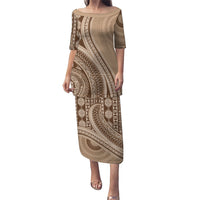 Bula Fiji Vintage Tapa Family Matching Puletasi and Hawaiian Shirt Kaivity Masi Wave Motifs - Mocha