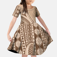 Bula Fiji Vintage Tapa Family Matching Short Sleeve Bodycon Dress and Hawaiian Shirt Kaivity Masi Wave Motifs - Mocha