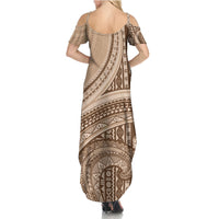 Bula Fiji Vintage Tapa Family Matching Summer Maxi Dress and Hawaiian Shirt Kaivity Masi Wave Motifs - Mocha