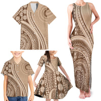 Bula Fiji Vintage Tapa Family Matching Tank Maxi Dress and Hawaiian Shirt Kaivity Masi Wave Motifs - Mocha