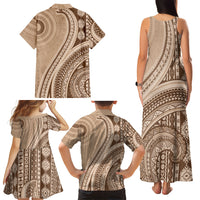 Bula Fiji Vintage Tapa Family Matching Tank Maxi Dress and Hawaiian Shirt Kaivity Masi Wave Motifs - Mocha