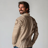 Bula Fiji Vintage Tapa Long Sleeve Polo Shirt Kaivity Masi Wave Motifs - Mocha