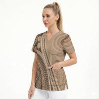 Bula Fiji Vintage Tapa Scrub Top Kaivity Masi Wave Motifs - Mocha LT7 - Polynesian Pride