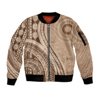 Bula Fiji Vintage Tapa Sleeve Zip Bomber Jacket Kaivity Masi Wave Motifs - Mocha