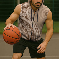 Bula Fiji Vintage Tapa Sleeveless Zip Hoodie Kaivity Masi Wave Motifs - Mocha