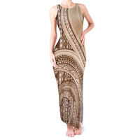 Bula Fiji Vintage Tapa Tank Maxi Dress Kaivity Masi Wave Motifs - Mocha