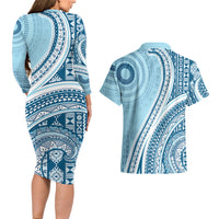 Bula Fiji Vintage Tapa Couples Matching Long Sleeve Bodycon Dress and Hawaiian Shirt Kaivity Masi Wave Motifs - Turquoise