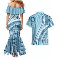Bula Fiji Vintage Tapa Couples Matching Mermaid Dress and Hawaiian Shirt Kaivity Masi Wave Motifs - Turquoise LT7 - Polynesian Pride