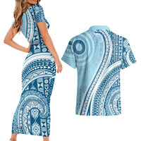 Bula Fiji Vintage Tapa Couples Matching Short Sleeve Bodycon Dress and Hawaiian Shirt Kaivity Masi Wave Motifs - Turquoise