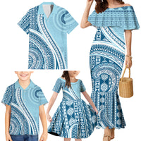 Bula Fiji Vintage Tapa Family Matching Mermaid Dress and Hawaiian Shirt Kaivity Masi Wave Motifs - Turquoise
