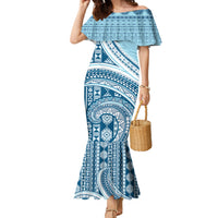 Bula Fiji Vintage Tapa Family Matching Mermaid Dress and Hawaiian Shirt Kaivity Masi Wave Motifs - Turquoise