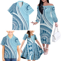 Bula Fiji Vintage Tapa Family Matching Off The Shoulder Long Sleeve Dress and Hawaiian Shirt Kaivity Masi Wave Motifs - Turquoise
