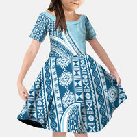 Bula Fiji Vintage Tapa Family Matching Off Shoulder Maxi Dress and Hawaiian Shirt Kaivity Masi Wave Motifs - Turquoise